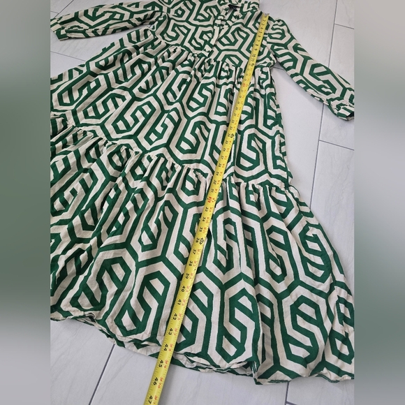 Zara Ecru White Green Geo Geometric Print Karen Tiered Midi Size S - Picture 11 of 16
